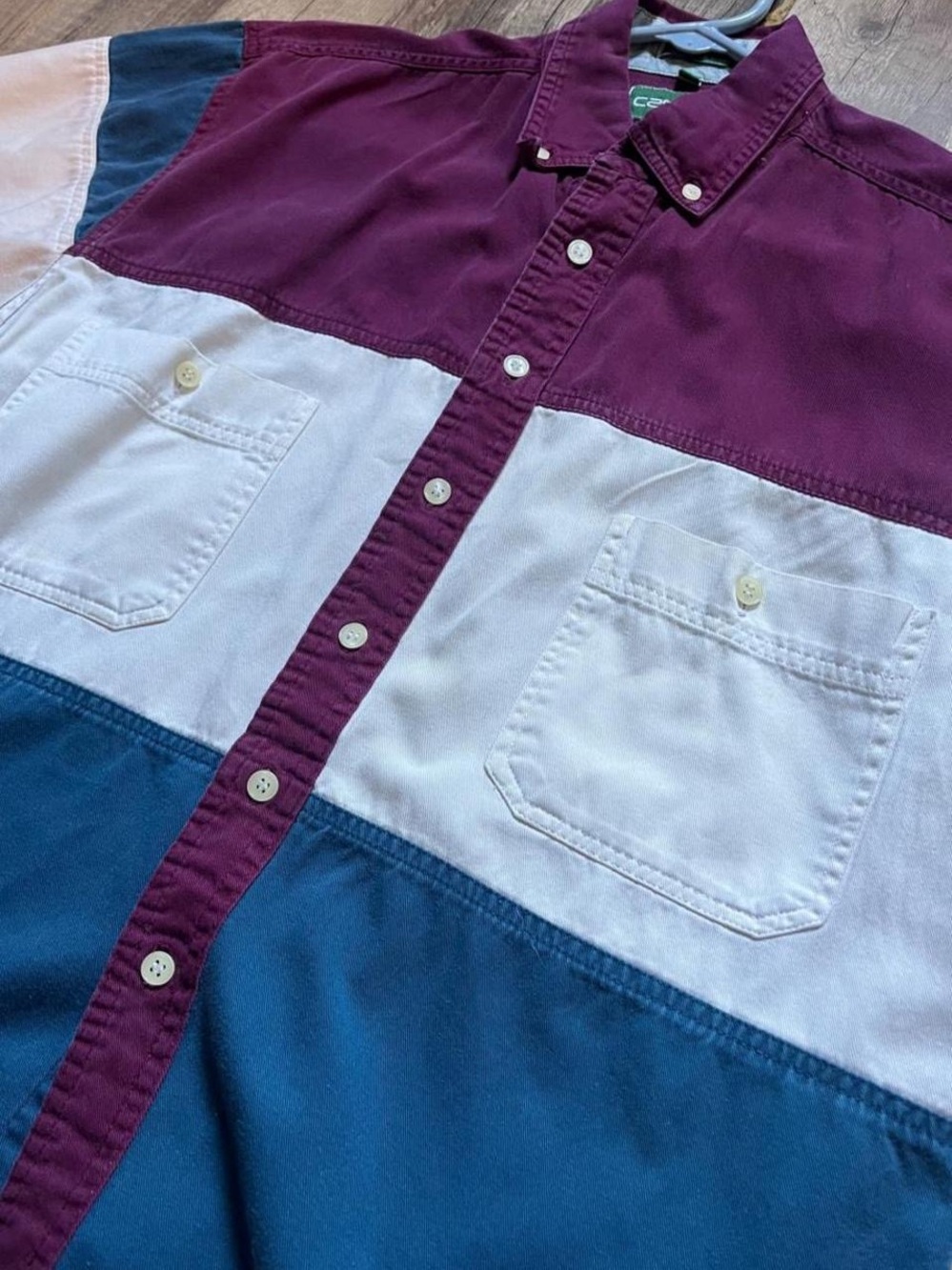 Colorblock Button-Down Men's Shirt - Burgundy, White & Teal